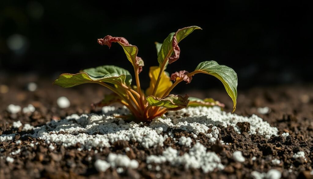 A close-up image of an unhealthy plant with wilting, discolored leaves and a soil surface covered in a crystalline white crust. The plant is set against a blurred, out-of-focus background, creating a sense of isolation and distress. Dramatic, high-contrast lighting casts dramatic shadows, highlighting the plant's deterioration. The scene conveys a sense of excess, with the white mineral buildup suggesting an imbalance in the soil's chemical composition. The overall mood is one of concern and the need for intervention to restore the plant's health.