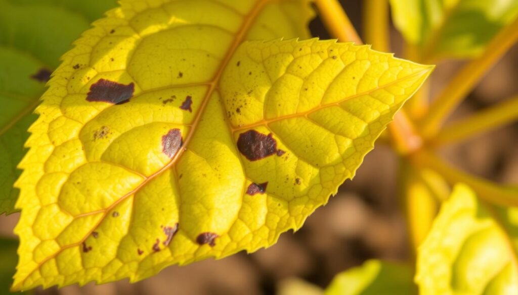 A close-up shot of a plant leaf with visible nutrient deficiencies. The leaf is yellowing, with discolored veins and spotting, indicating a lack of essential nutrients in the soil. The background is blurred, keeping the focus on the afflicted foliage. Warm, natural lighting accentuates the textures and details of the leaf's surface. The image conveys a sense of unhealthy growth and the need for corrective action to restore the plant's vitality. A close-up shot of a plant leaf with visible nutrient deficiencies. The leaf is yellowing, with discolored veins and spotting, indicating a lack of essential nutrients in the soil. The background is blurred, keeping the focus on the afflicted foliage. Warm, natural lighting accentuates the textures and details of the leaf's surface. The image conveys a sense of unhealthy growth and the need for corrective action to restore the plant's vitality.