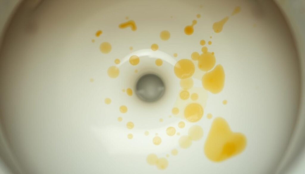 A close-up shot of urine stains on a white porcelain toilet bowl, captured with a macro lens under soft, even lighting. The stains appear as irregular, yellowish-brown discolorations, some faint and others more pronounced, creating a textured pattern across the surface. The image conveys a sense of neglect and the need for thorough cleaning, while maintaining a clinical, documentary-like perspective.