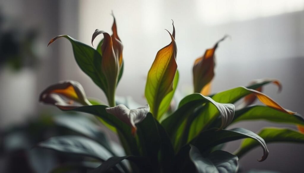 A close-up view of a houseplant with wilted, curled leaves and brown tips, set against a blurred, out-of-focus background. The lighting is soft and diffused, creating a moody, contemplative atmosphere. The plant appears stressed, its leaves displaying the telltale signs of improper watering. The composition emphasizes the plant's troubled state, inviting the viewer to examine the details and consider the potential causes of this common issue.
