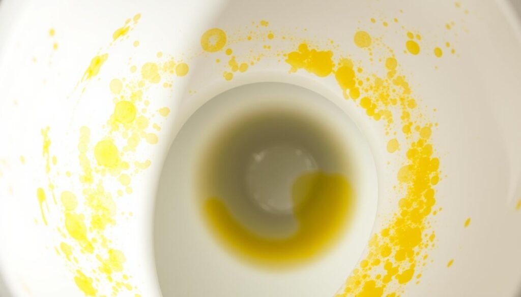A close-up view of a toilet bowl, the surface covered in stubborn yellow stains and hard water deposits. The lighting is crisp and even, highlighting the texture and details of the porcelain. The image is captured from a low angle, emphasizing the towering presence of the fixture. The scene conveys a sense of challenge and the need for effective cleaning solutions to tackle this persistent issue. The overall mood is one of focus and determination, inviting the viewer to consider the best methods for eliminating this unsightly buildup.