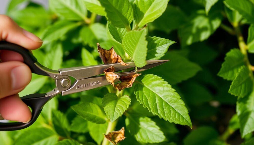 A closeup view of a plant's stem and leaves, showing the process of properly pruning brown leaf tips. The stem is covered in lush green foliage, with several leaves featuring distinct brown, dried edges. A skilled hand, holding sharp pruning shears, carefully trims the affected areas, revealing the healthy green center of the leaves. The lighting is soft and natural, casting gentle shadows that accentuate the plant's texture. The composition is balanced, with the focal point centered on the pruning action, surrounded by the plant's vibrant greenery. The mood is one of careful attention and horticultural expertise, guiding the viewer through the steps of managing this common plant health issue.