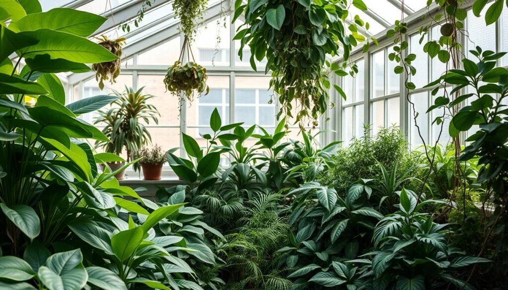 A cozy indoor greenhouse filled with lush, verdant houseplants that thrive in low-light conditions. Diverse foliage textures and shapes - from broad, waxy leaves to delicate, trailing vines - create a captivating visual harmony. Soft, indirect lighting filters through large windows, casting gentle shadows and highlighting the plants' vibrant hues. A sense of tranquility and rejuvenation permeates the scene, inviting the viewer to appreciate the resilience and beauty of nature's adaptations. The composition emphasizes the plants' ability to survive and even flourish without direct sunlight, capturing the essence of the article's subject.