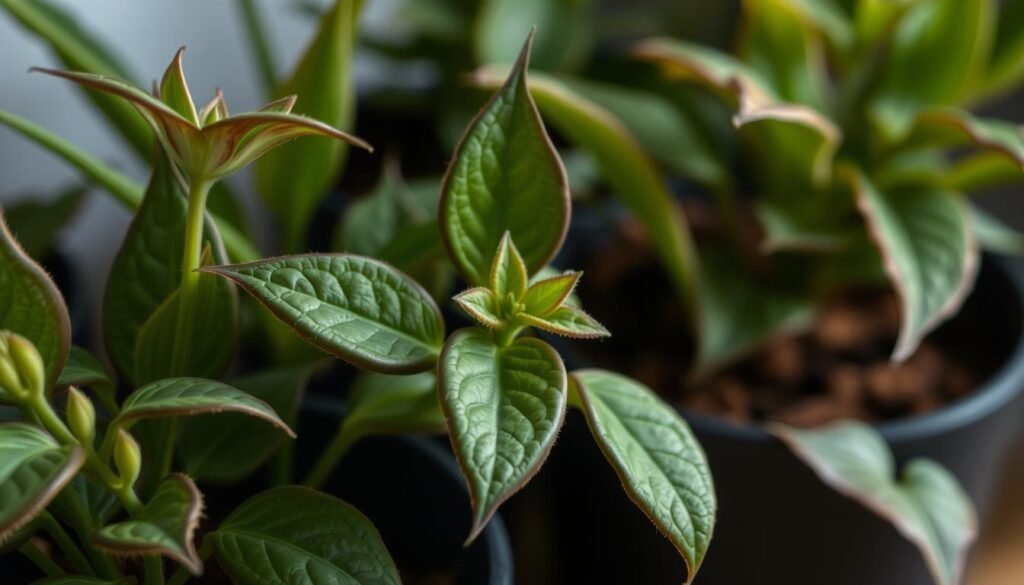 A detailed close-up view of several potted houseplants susceptible to low humidity, captured under soft, even lighting that accentuates the delicate texture of their leaves. The plants have a slightly wilted appearance, with the edges of the foliage showing signs of browning and desiccation. The background is blurred, keeping the focus on the plants and conveying a sense of stillness and tranquility. The overall mood is one of subtle concern, hinting at the potential challenges of maintaining the right humidity levels for these sensitive specimens.
