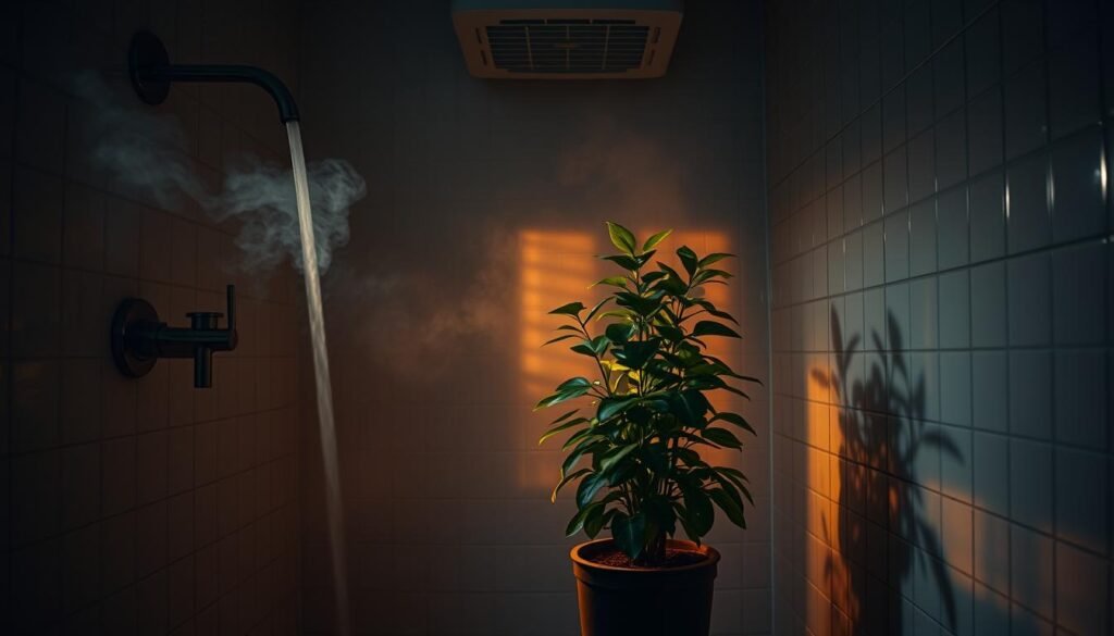A dimly lit bathroom interior, with flickering LED lights casting warm, fluctuating shadows across the tiled walls and floor. Steam rises from a running faucet, creating a hazy, atmospheric effect. The room's ventilation system whirs softly, driving the temperature change that subtly alters the lighting. In the center, a potted plant stands resilient, its lush foliage thriving in the ever-changing environment, a testament to its adaptability and suitability for this unique space.