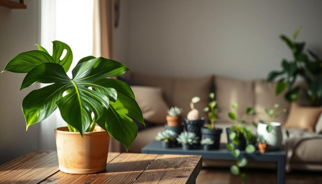 A dimly lit indoor scene showcasing the basic care requirements for plants thriving in low-light conditions. In the foreground, a potted monstera deliciosa plant rests on a weathered wooden table, its lush green leaves gently illuminated by a subtle side-lighting. In the middle ground, a collection of small-to-medium-sized succulents and pothos plants are arrayed, each receiving just enough ambient light to maintain their vibrant foliage. The background is softly blurred, hinting at a cozy, minimalist living space, free of direct sunlight. The overall mood is one of tranquility and low-maintenance plant care, conveying the message that with the right techniques, even plants deprived of natural light can thrive indoors.