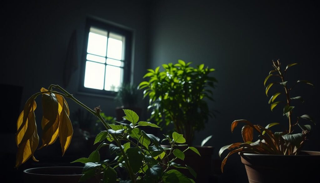 A dimly lit room with a single window, casting soft, natural light onto a collection of potted plants struggling to survive. In the foreground, a wilted, yellowing plant, its leaves drooping, a stark contrast to the lush, vibrant greenery in the middle ground. In the background, a shadowy corner where a hapless plant sits, its once-vibrant leaves now shriveled and brown, a victim of neglect. The atmosphere is one of melancholy, a cautionary tale of the consequences of underestimating a plant's need for light. Dramatic, high-contrast lighting accentuates the dramatic scene, captured through a wide-angle lens to convey the sense of enclosure and confinement.