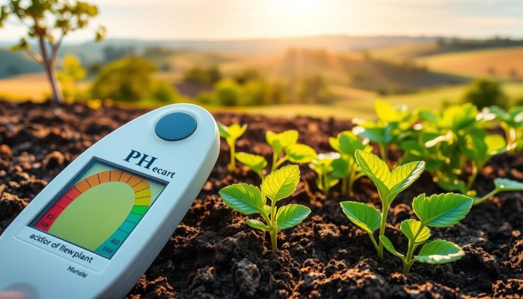 A lush garden soil, its pH level displayed in vibrant colors. In the foreground, a soil pH meter probes the earth, revealing the acidity or alkalinity. The middle ground showcases healthy plants, their leaves a verdant green, contrasting against the rich, loamy soil. In the background, a tranquil landscape with rolling hills and a clear blue sky, bathed in warm, golden sunlight. The scene conveys the importance of maintaining the optimal pH balance for thriving plant life, a crucial factor in resolving issues with yellow leaves. A lush garden soil, its pH level displayed in vibrant colors. In the foreground, a soil pH meter probes the earth, revealing the acidity or alkalinity. The middle ground showcases healthy plants, their leaves a verdant green, contrasting against the rich, loamy soil. In the background, a tranquil landscape with rolling hills and a clear blue sky, bathed in warm, golden sunlight. The scene conveys the importance of maintaining the optimal pH balance for thriving plant life, a crucial factor in resolving issues with yellow leaves.