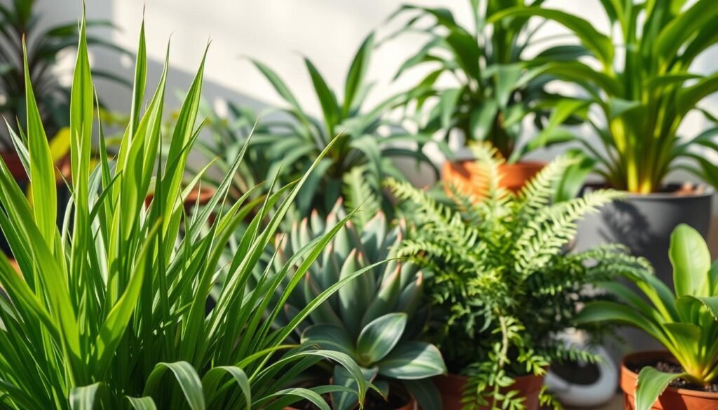 A lush, indoor garden scene depicting various species of healthy, thriving houseplants in an evenly lit, inviting space. In the foreground, a cluster of verdant, vibrant leafy plants with slender, upright stems. In the middle ground, a mix of succulents and ferns, their foliage lush and unblemished. In the background, larger potted plants, their leaves a rich, deep green, casting soft shadows across the composition. The lighting is gentle, natural, with a sense of calm and serenity pervading the scene. The overall mood is one of prevention, emphasizing the importance of proper care and maintenance to avoid the unsightly issue of brown leaf tips on indoor houseplants.
