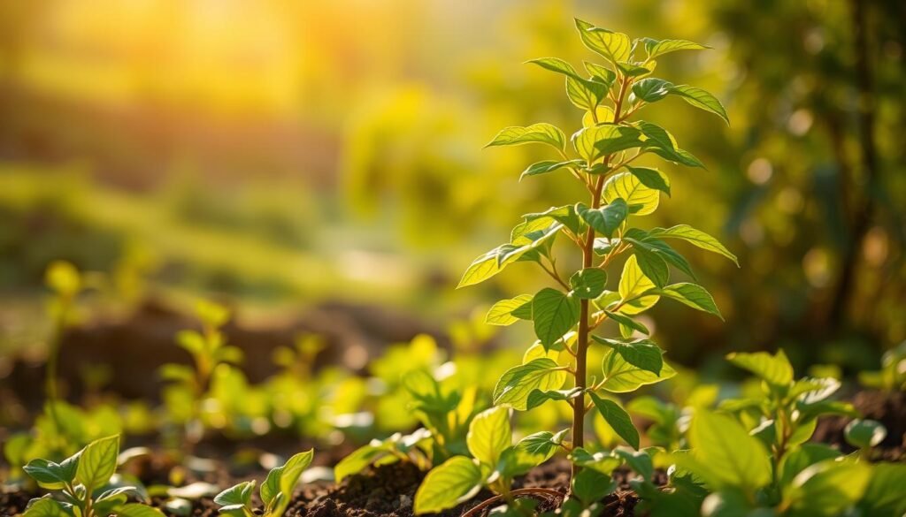 A lush, verdant garden scene with a vibrant, mature plant taking center stage. The plant's foliage is a rich, natural green, with leaves of varying sizes and shapes that sway gently in a soft breeze. The plant's stem rises gracefully from the soil, its roots firmly grounded, suggesting a well-established and thriving lifecycle. The background features a blurred, out-of-focus landscape, creating a sense of depth and focus on the central plant. Warm, golden sunlight filters through the scene, casting a serene, natural glow and highlighting the plant's healthy, aging appearance. The overall composition conveys a sense of the plant's natural lifespan and the cycle of growth, maturity, and eventual decline. A lush, verdant garden scene with a vibrant, mature plant taking center stage. The plant's foliage is a rich, natural green, with leaves of varying sizes and shapes that sway gently in a soft breeze. The plant's stem rises gracefully from the soil, its roots firmly grounded, suggesting a well-established and thriving lifecycle. The background features a blurred, out-of-focus landscape, creating a sense of depth and focus on the central plant. Warm, golden sunlight filters through the scene, casting a serene, natural glow and highlighting the plant's healthy, aging appearance. The overall composition conveys a sense of the plant's natural lifespan and the cycle of growth, maturity, and eventual decline.
