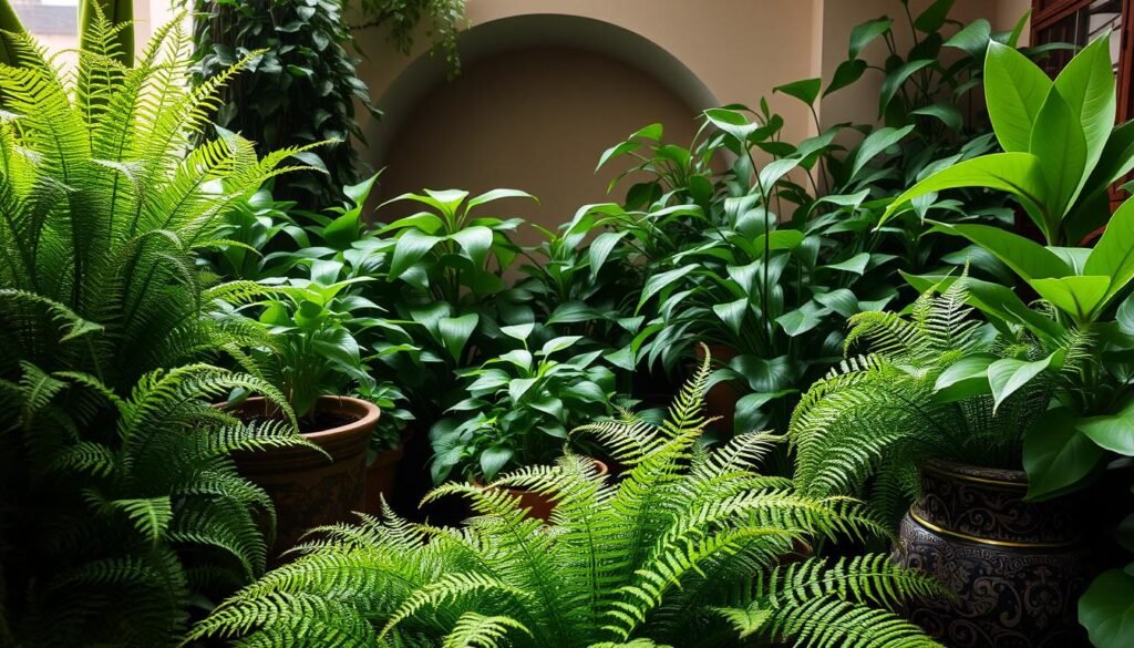 A lush, verdant indoor garden filled with a variety of shade-loving plants. The foreground showcases a vibrant assortment of leafy ferns, with delicate fronds gently cascading over ornate ceramic pots. In the middle ground, a collection of low-light tolerant houseplants such as pothos, philodendrons, and ZZ plants thrive in the soft, indirect lighting. The background features a serene, shadowy alcove, hinting at the mysterious allure of these resilient, low-light adapted species. The scene is bathed in a warm, diffused glow, creating a sense of tranquility and a natural, earthy ambiance. The overall composition emphasizes the beauty and adaptability of these "plantas de sombra", perfectly suited for thriving in the low-light conditions of an indoor environment.