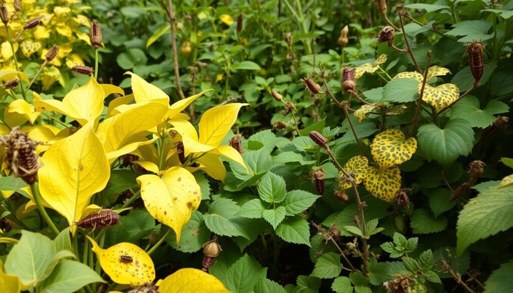 A lush, vibrant garden scene showcasing various plant ailments. In the foreground, yellowing, wilting leaves and stunted growth indicate pest infestations and fungal diseases. Mottled, spotted foliage and discolored stems populate the middle ground, hinting at the diverse challenges facing the plants. In the background, a shadowy insect or pathogen lurks, its presence evident through the subtle distortion and decay of the vegetation. The lighting is soft and diffused, creating an ominous, yet naturalistic atmosphere. The composition emphasizes the scale and interconnectedness of these threats, capturing the essence of the "Plagas y enfermedades que causan hojas amarillas en plantas" section. A lush, vibrant garden scene showcasing various plant ailments. In the foreground, yellowing, wilting leaves and stunted growth indicate pest infestations and fungal diseases. Mottled, spotted foliage and discolored stems populate the middle ground, hinting at the diverse challenges facing the plants. In the background, a shadowy insect or pathogen lurks, its presence evident through the subtle distortion and decay of the vegetation. The lighting is soft and diffused, creating an ominous, yet naturalistic atmosphere. The composition emphasizes the scale and interconnectedness of these threats, capturing the essence of the "Plagas y enfermedades que causan hojas amarillas en plantas" section.