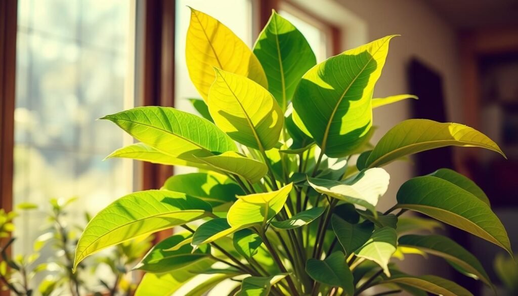 A lush, vibrant plant with large, verdant leaves stands in a bright, sun-drenched environment. The leaves on the outer canopy have a distinct yellow hue, indicating excessive exposure to light. The plant is situated in the foreground, with a softly blurred background suggesting an indoor setting, perhaps a sunlit room or greenhouse. The lighting is warm and directional, casting subtle shadows that accentuate the plant's three-dimensional form. The composition is balanced, with the yellowed leaves drawing the viewer's eye towards the central subject. The overall scene conveys a sense of botanical distress and the need for a more suitable light environment. A lush, vibrant plant with large, verdant leaves stands in a bright, sun-drenched environment. The leaves on the outer canopy have a distinct yellow hue, indicating excessive exposure to light. The plant is situated in the foreground, with a softly blurred background suggesting an indoor setting, perhaps a sunlit room or greenhouse. The lighting is warm and directional, casting subtle shadows that accentuate the plant's three-dimensional form. The composition is balanced, with the yellowed leaves drawing the viewer's eye towards the central subject. The overall scene conveys a sense of botanical distress and the need for a more suitable light environment.