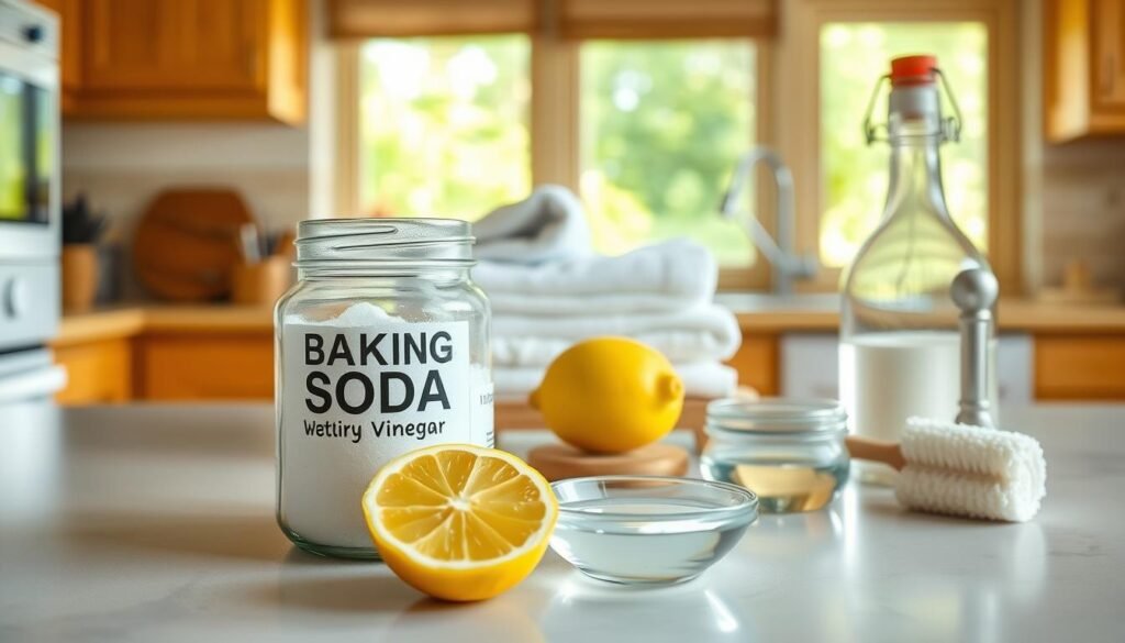 A warm, well-lit kitchen counter with various natural ingredients arranged neatly. In the foreground, a glass jar filled with baking soda, a lemon sliced in half, and a small bowl of white vinegar. In the middle, a stack of white towels and a cleaning brush. The background features a tidy, cheerful kitchen with wooden cabinets and a window overlooking a lush garden. The overall scene conveys an atmosphere of eco-friendly, homemade solutions for tackling tough stains.