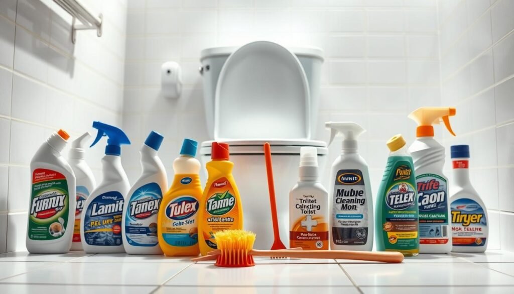 A well-lit bathroom scene showcasing an array of specific toilet cleaner products. In the foreground, an assortment of branded toilet cleaning bottles and scrubbing tools are neatly displayed on a white tiled surface. The middle ground features a modern, white porcelain toilet with a slightly yellowed bowl. The background depicts a clean, minimalist bathroom interior with soft, directional lighting emphasizing the products. The overall mood is one of cleanliness, efficiency, and attention to detail, conveying the effectiveness of these specialized toilet cleaning solutions.