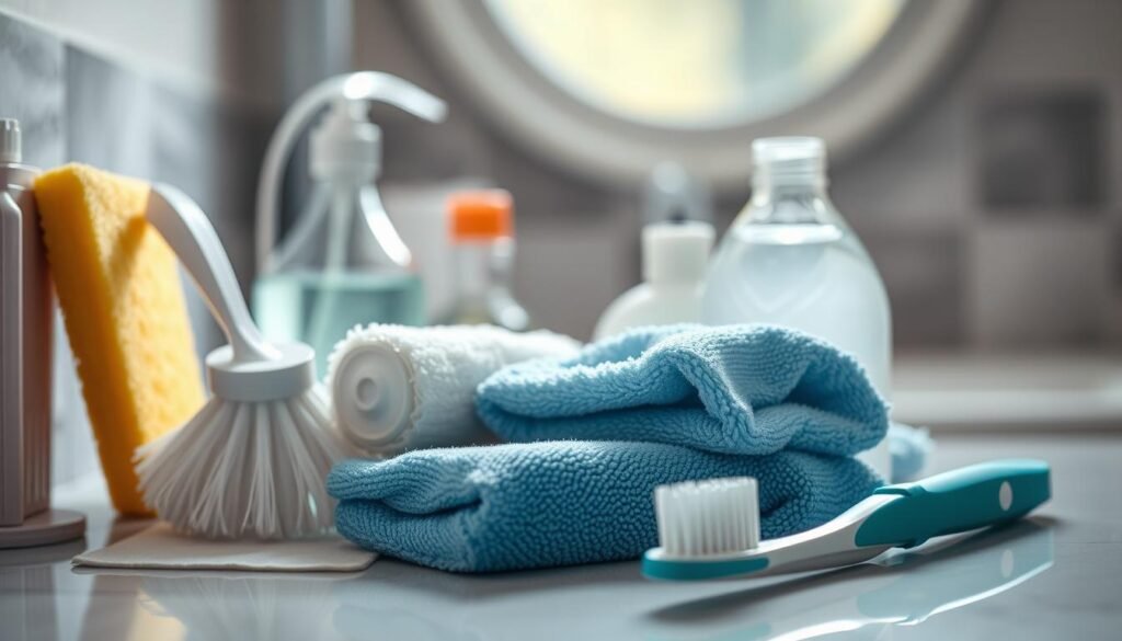A well-lit, high-resolution image of various cleaning tools and products arranged on a bathroom countertop, including a toilet brush, a sponge, a cleaning solution bottle, a scrub pad, and a toothbrush. The focus is on the middle ground, with a slight depth of field blurring the background to create a sense of depth and professionalism. The lighting is soft and natural, creating shadows and highlights that accentuate the textures of the materials. The overall mood is one of efficiency and problem-solving, conveying the techniques necessary to tackle difficult stains.