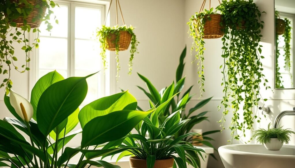 An airy, natural-lit bathroom interior with lush, verdant plants thriving in the humid environment. A potted peace lily, snake plant, and Chinese evergreen occupy the foreground, their broad leaves gently swaying. Trailing vines cascade from hanging baskets, adding a sense of softness and tranquility. Indirect daylight filters through a large window, casting a warm, flattering glow on the greenery. The clean, minimalist décor allows the plants to take center stage, showcasing their air-purifying benefits and ability to create a soothing, spa-like ambiance. The overall scene exudes a sense of rejuvenation and well-being, perfectly encapsulating the advantages of incorporating plants into the bathroom environment.