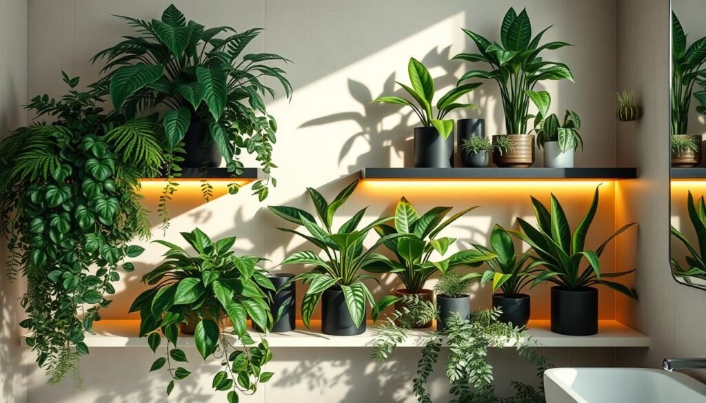 An elegant arrangement of lush, verdant houseplants in a serene bathroom setting. A mix of tropical foliage and sculptural succulents artfully displayed on sleek shelves and surfaces, bathed in warm, indirect lighting that casts soft shadows. Ferns and philodendrons cascade gracefully, contrasted by the geometric forms of snake plants and ZZ plants. The composition strikes a harmonious balance, with each plant's unique texture and color contributing to an aesthetically pleasing whole. The overall atmosphere is one of tranquility and natural beauty, perfectly suited for a relaxing, plant-filled bathroom retreat.