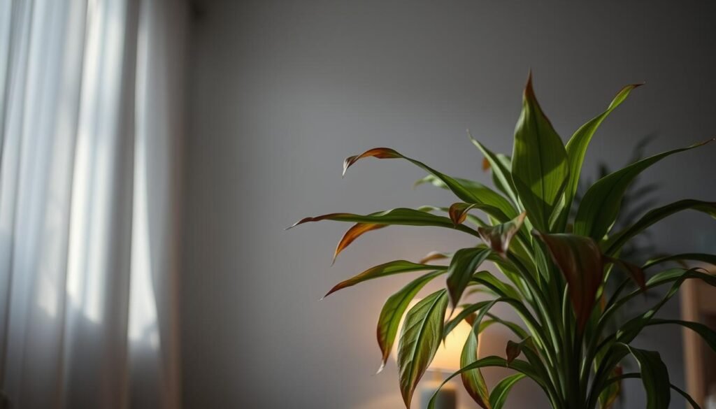 An indoor plant with brown, wilting leaf tips in a dimly lit room. The plant is in the foreground, with soft, diffused lighting coming from a window or lamp in the background, creating a moody, atmospheric scene. The middle ground features simple, neutral-colored decor elements like a plant stand or table to provide context. The lighting is slightly uneven, with some areas of the plant in shadow, conveying a sense of suboptimal illumination. The overall mood is one of melancholy and a lack of vibrancy, hinting at the negative effects of inadequate light exposure.