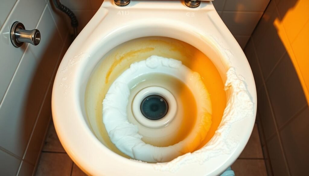 An old, yellowed toilet bowl sits in a clean, well-lit bathroom. Thick, pasty whitening solution coats the porcelain surface, slowly dissolving the stubborn stains. Warm, directional lighting casts dramatic shadows, highlighting the texture and contours of the bowl. The sparkling chrome fittings and gleaming tile floor create a sense of cleanliness and order. The overall mood is one of effective, no-nonsense scrubbing, with the goal of restoring the toilet to its former pristine, brilliant white condition.