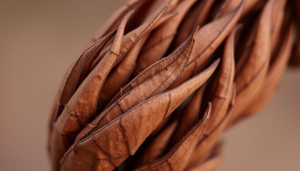 Detailed close-up photograph of brown dry leaf tips, showing withered, shriveled appearance caused by lack of moisture. Crisp, sharp focus on the textured, desiccated foliage. Warm, earthy tones with muted lighting to convey the parched, dehydrated state. A sense of fragility and deterioration, as if the leaves are on the verge of crumbling. Minimal background, with just enough context to suggest the plant's environment. Angle the shot to emphasize the browning, curled leaf edges as the primary subject matter.