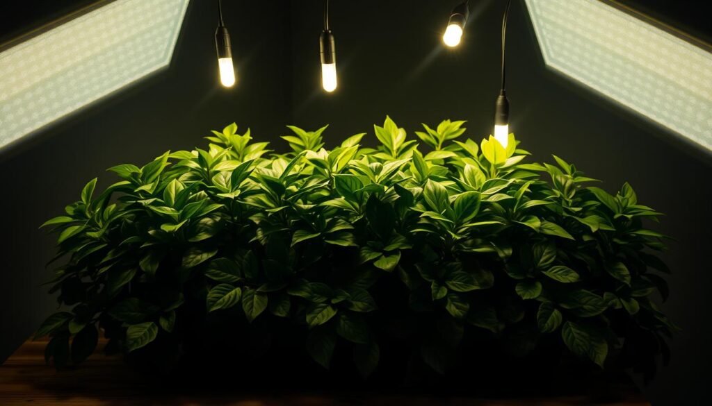 Luces LED suspendidas sobre una maceta de plantas de interior en un ambiente oscuro y acogedor. Una iluminación suave y cálida enfocada en las hojas verdosas, creando un efecto mágico y misterioso. La maceta se encuentra sobre una superficie de madera, rodeada de sombras sutiles que acentúan la escena. La composición destaca la belleza de las plantas y la importancia de la iluminación artificial para mantenerlas saludables en espacios con poca luz natural.