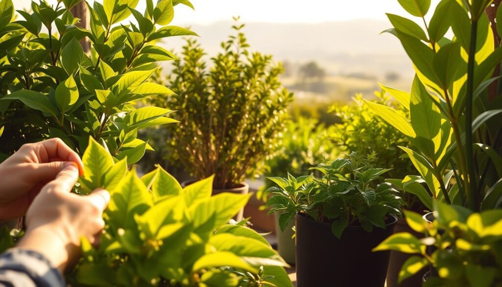 Lush, verdant foliage in a serene garden setting, with a focus on techniques for reviving yellowing plant leaves. A warm, natural light illuminates the scene, casting gentle shadows and highlighting the delicate textures of the leaves. In the foreground, a gardener's hands carefully attend to a potted plant, demonstrating gentle pruning and repotting methods. The middle ground features a variety of thriving plants, each showcasing the results of these recuperative techniques. In the background, a tranquil landscape provides a calming backdrop, hinting at the restorative power of nature. The overall atmosphere evokes a sense of rejuvenation and the triumph of botanical resilience. Lush, verdant foliage in a serene garden setting, with a focus on techniques for reviving yellowing plant leaves. A warm, natural light illuminates the scene, casting gentle shadows and highlighting the delicate textures of the leaves. In the foreground, a gardener's hands carefully attend to a potted plant, demonstrating gentle pruning and repotting methods. The middle ground features a variety of thriving plants, each showcasing the results of these recuperative techniques. In the background, a tranquil landscape provides a calming backdrop, hinting at the restorative power of nature. The overall atmosphere evokes a sense of rejuvenation and the triumph of botanical resilience.