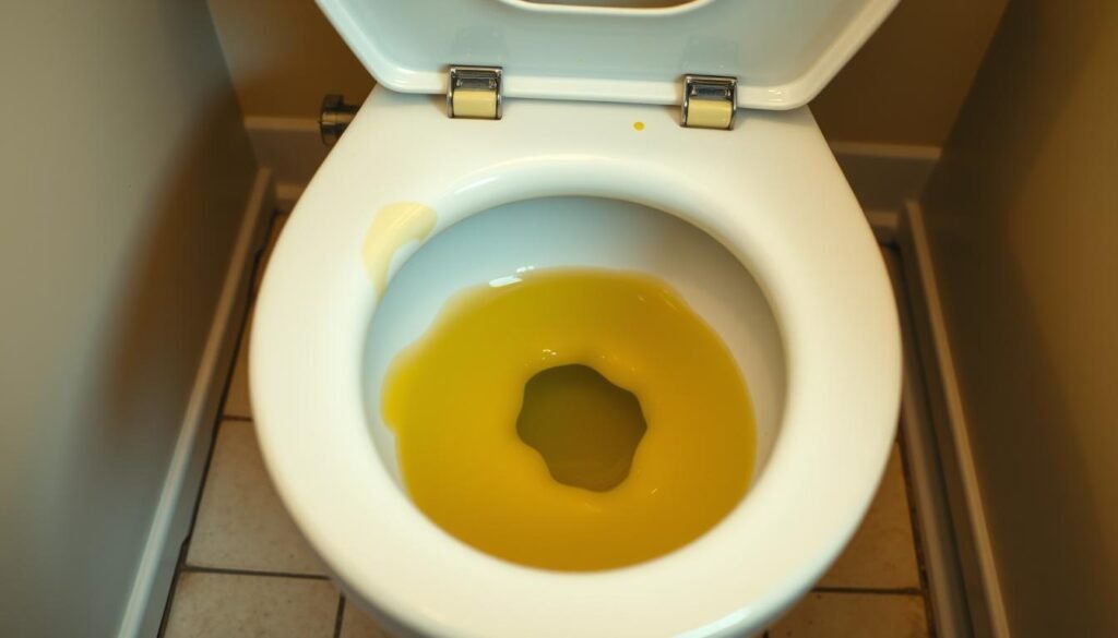a detailed photograph of a bathroom toilet with prominent yellow stains, shot in high resolution with a wide-angle lens, showcasing the toilet bowl and surrounding area in sharp focus and vivid detail. The lighting is warm and evenly distributed, creating a clean, well-lit atmosphere. The overall scene conveys a sense of neglect and the need for thorough cleaning, emphasizing the yellow stains as the central focus. The background is blurred, drawing the viewer's attention to the soiled toilet, which is the main subject of the image.